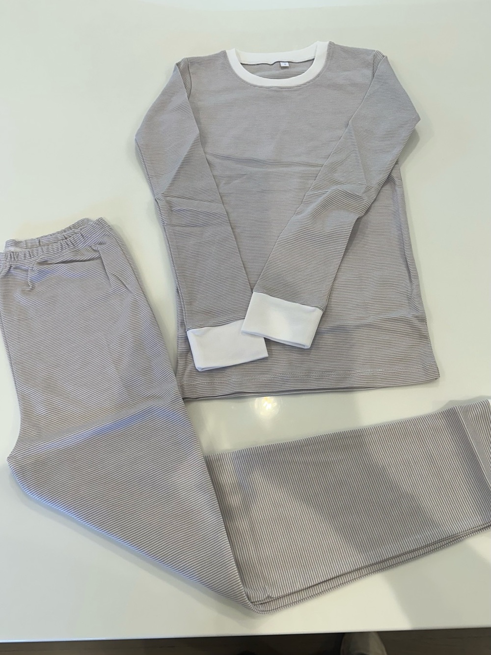 Kids Long Sleeve Light Gray Stripe Pajama Set with White Trim